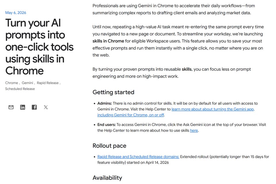 ChromeにGeminiへの指示をワンクリックで登録する新機能「Skills」 - AI Watch