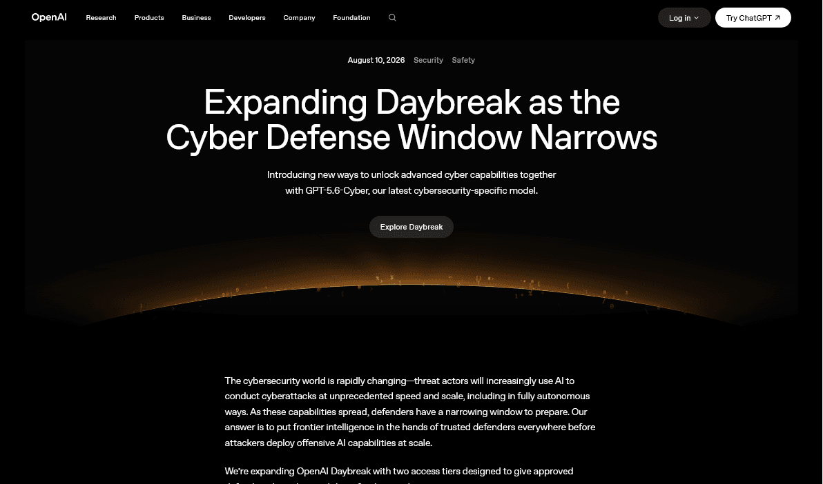 OpenAI、サイバーセキュリティ特化モデル「GPT-5.6-Cyber」を発表 ——DaybreakをBlueとRedの2段階に拡張