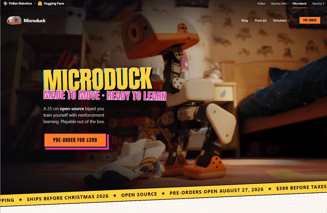 Hugging Face、動作学習型AI搭載のアヒル型二足歩行ロボット「Microduck」を発表、399ドルで予約販売を開始 ―学習用SDKはオープンソースとして公開