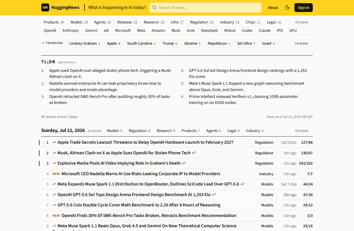 Hugging Face CEO、AIニュースサイト「HuggingNews」を紹介、Xの約1,200アカウントを軸に2時間ごとに更新