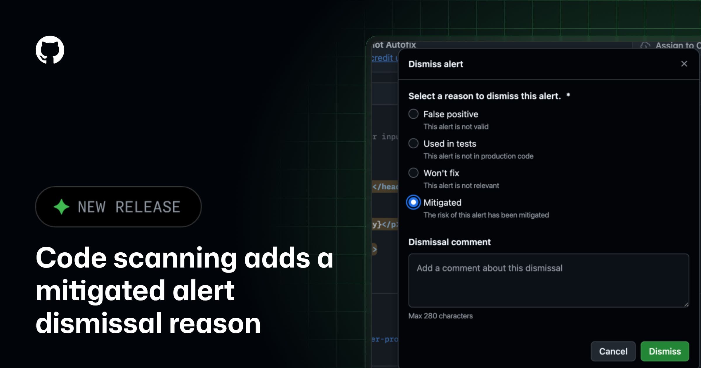 Code scanning adds a mitigated alert dismissal reason