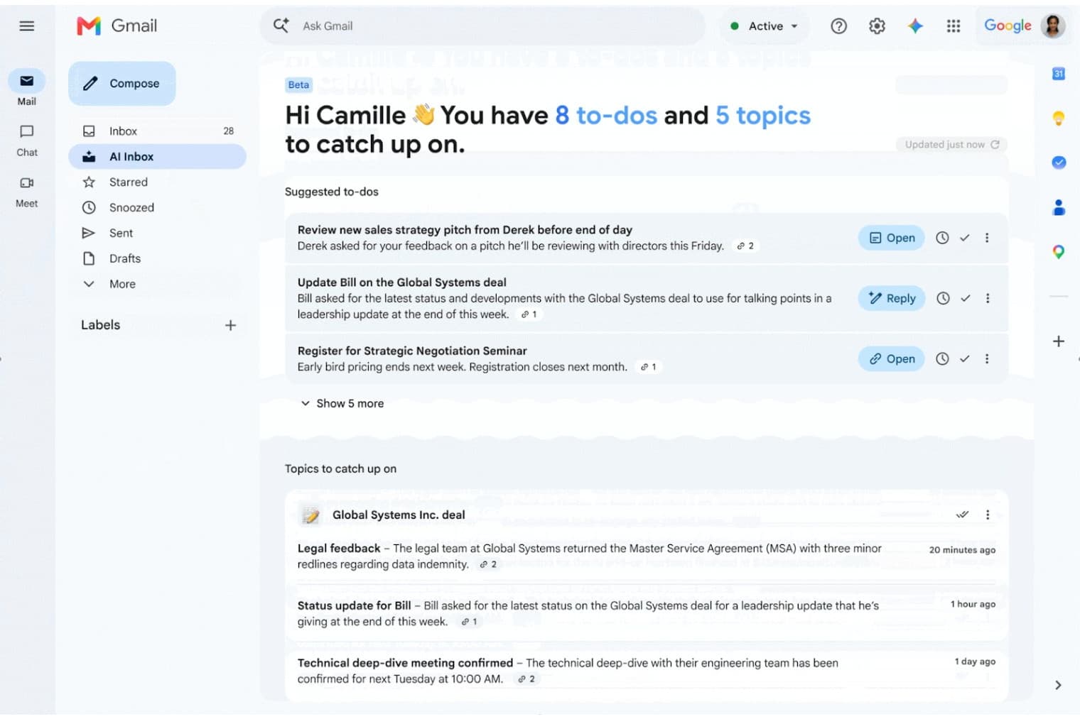 Gmailの「AI Inbox」機能がWorkspaceユーザーでも利用可能に、英語設定の米国ユーザーが対象