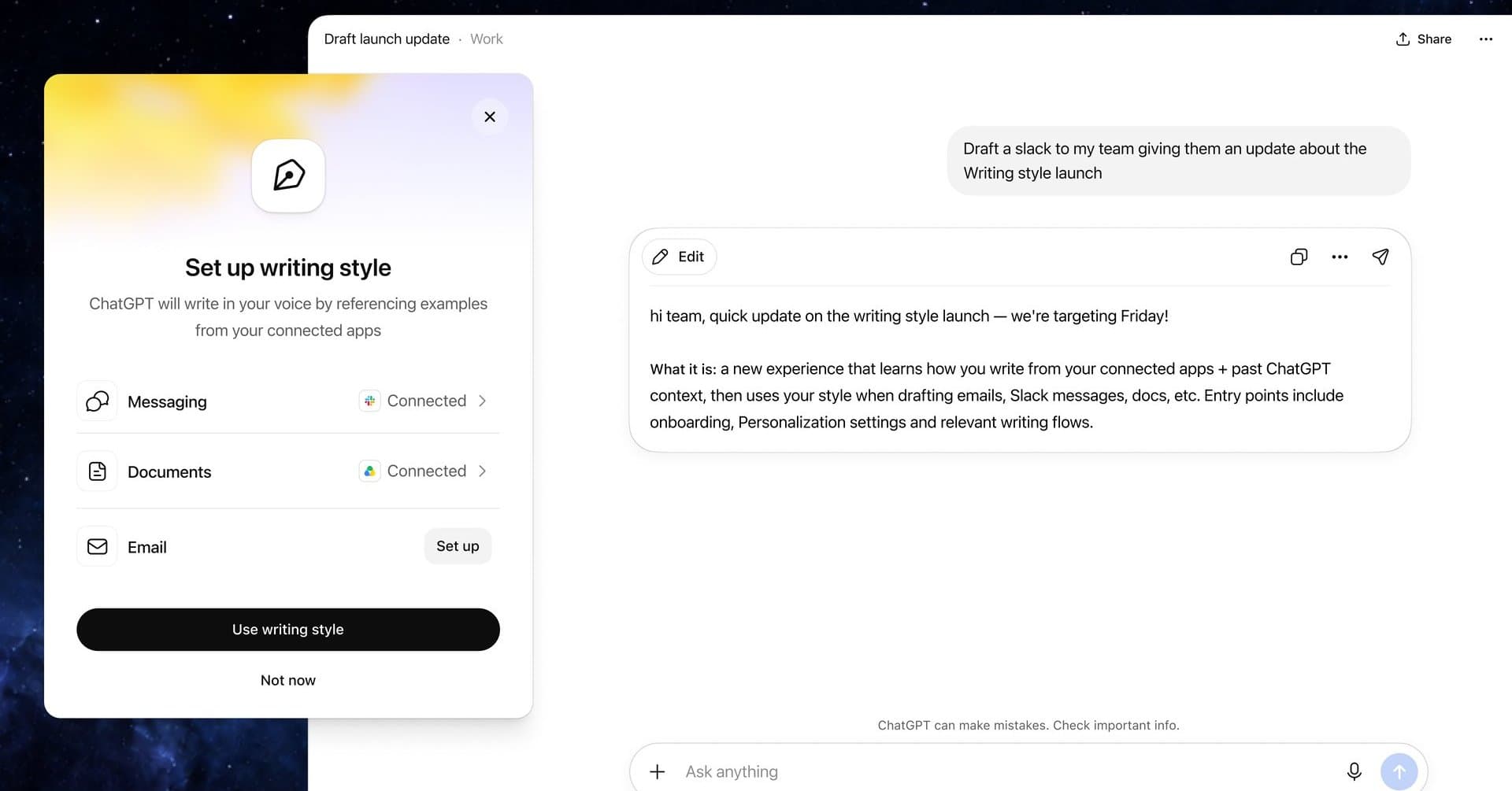 ChatGPT Workに“自分の文体”学習機能 GmailやSlackの文章から言い回しやクセを模倣