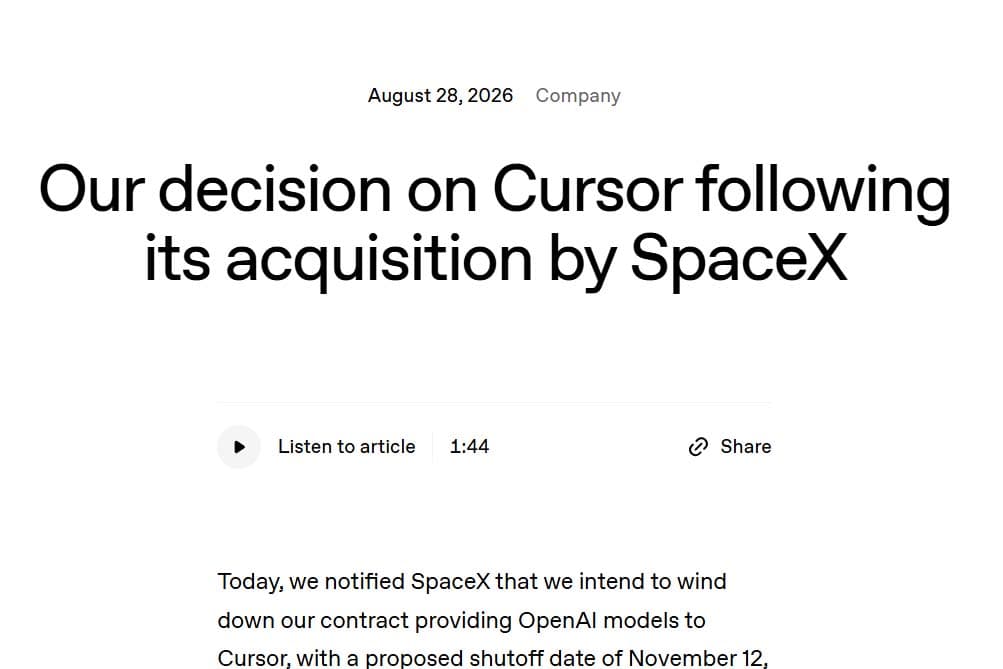 OpenAI、Cursorへのモデル提供を終了 理由は「SpaceXによる買収」