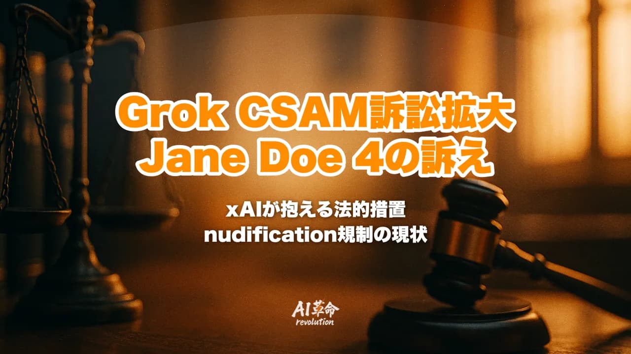 Grok CSAM訴訟が拡大|Jane Doe 4の訴えとxAI(SpaceXAI)が抱える6件の法的措置・nudification規制【2026年8月最新】