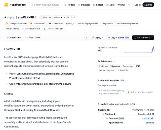 Apple、Qwen3.5-9BベースのLLMモデル「LensVLM-9B」を公開 | NEWS
